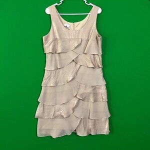 London Times Womens Layer Ruffle Beige Knee Length Sleeveless Dress Size‎ 14